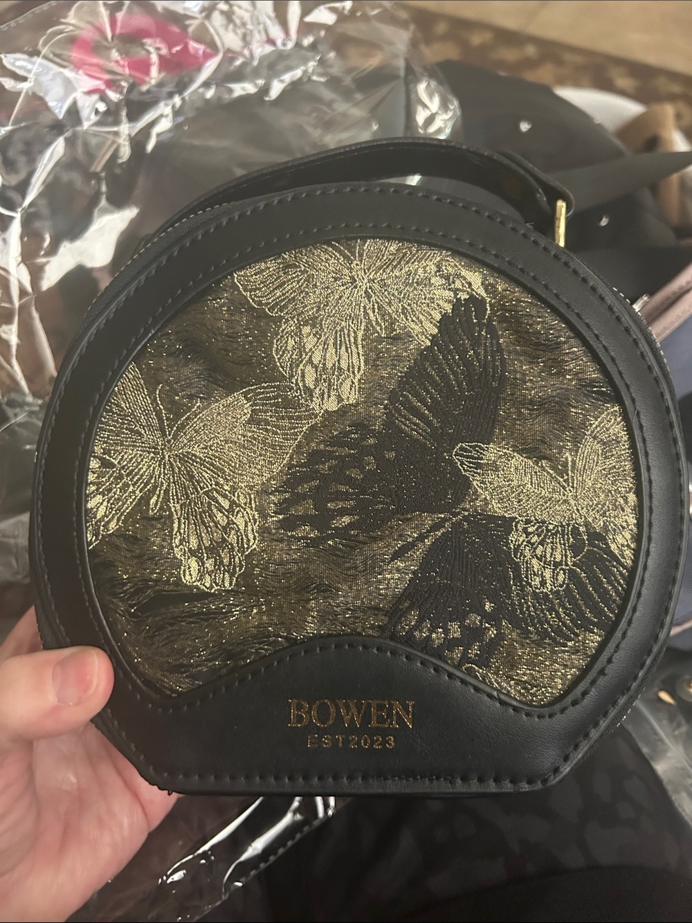 Black & Gold Butterfly Round Crossbody Bag